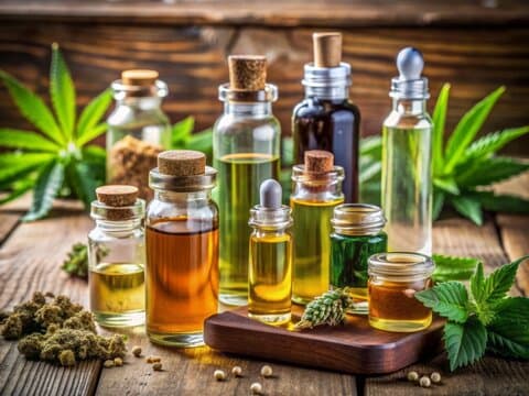 Professional cannabis oil bottles and FECO extracts in amber glass bottles with natural cannabis buds and leaves - Full Extract Cannabis Oil dosage guide